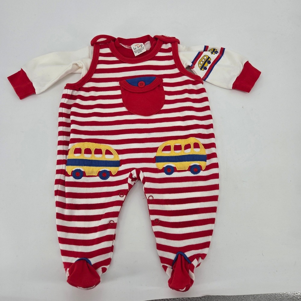 Le Top Baby Boy 3M Vintage Striped School Bus Footed Overalls Shirt 2pc Set